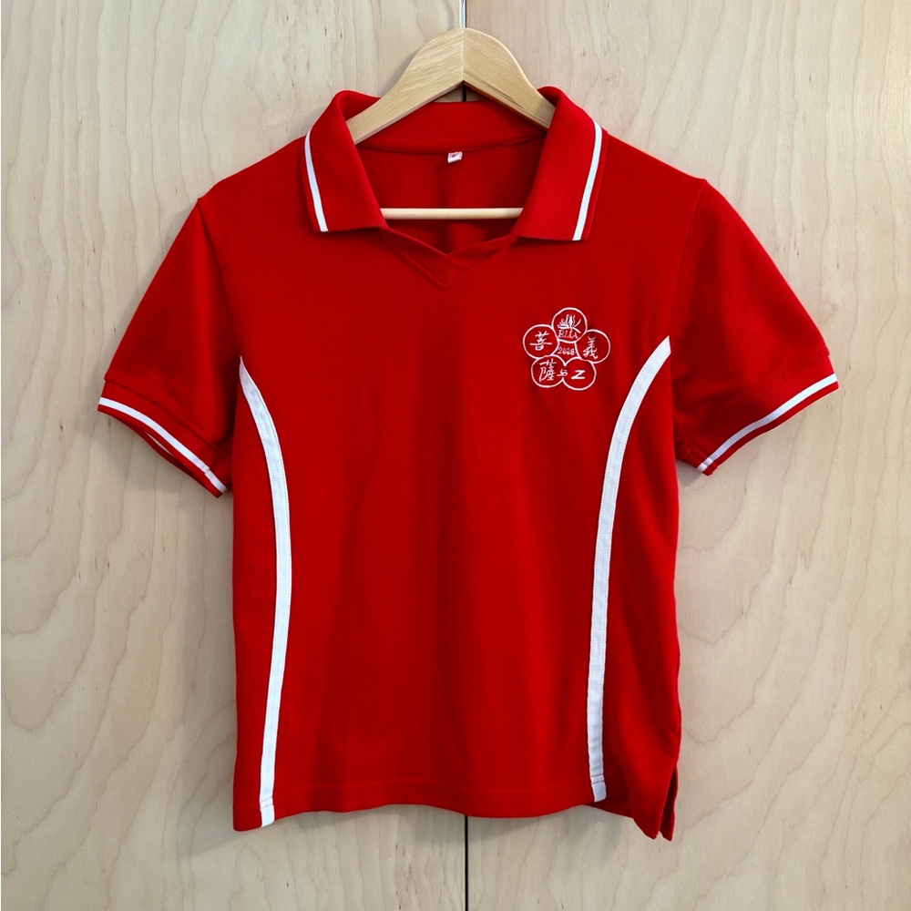 Unique Red Cropped Preppy Polo Shirt with White Sporty Stripes Size S
